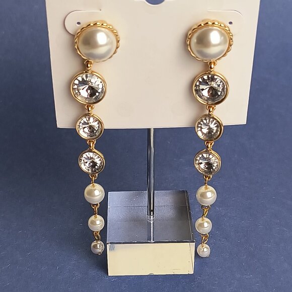 Faux Crystal & Pearl Post Push Back Dangle Earrings Gold Tone Stunning Elegant - Picture 1 of 6